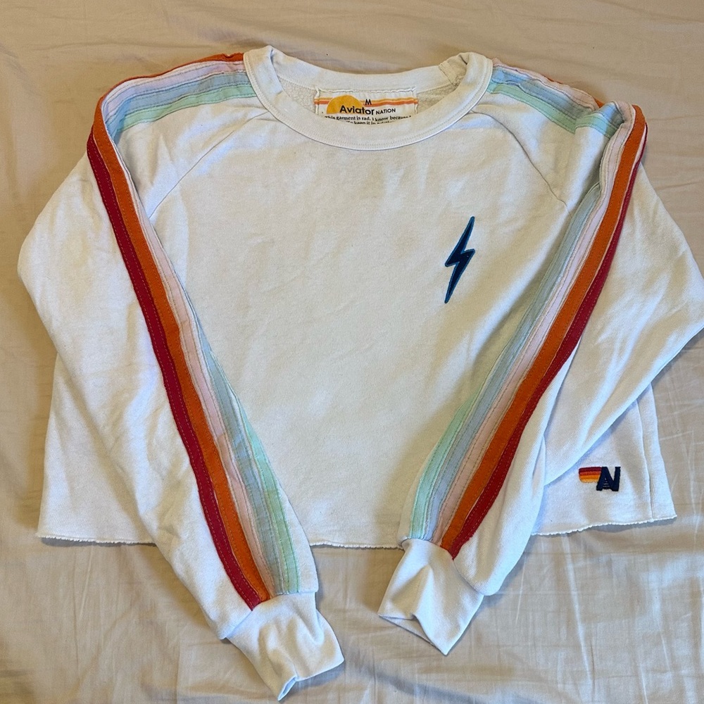 Aviator Nation Crop Sweater - Embroidered Bolt with Rainbow Stripes